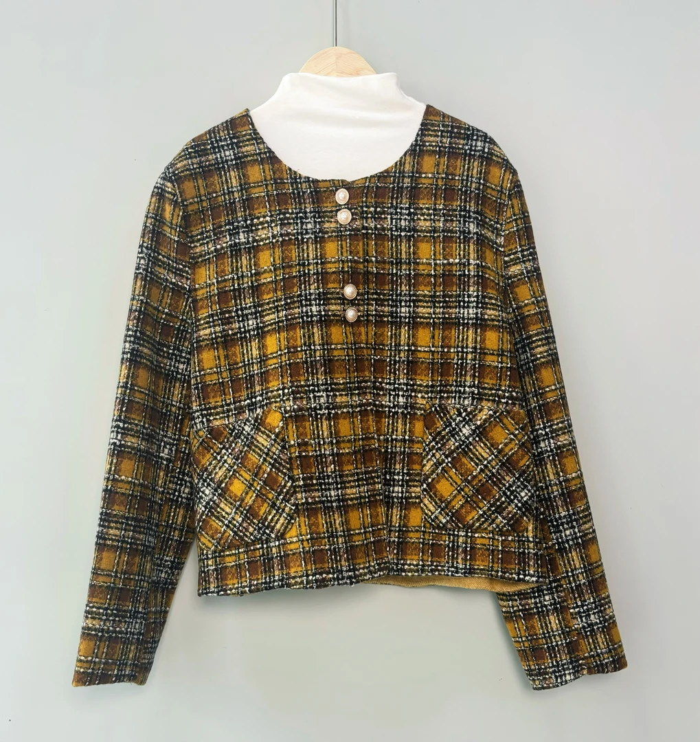 玲姐定制-圆领珍珠纽扣复古千鸟格双面毛呢外套短款53033