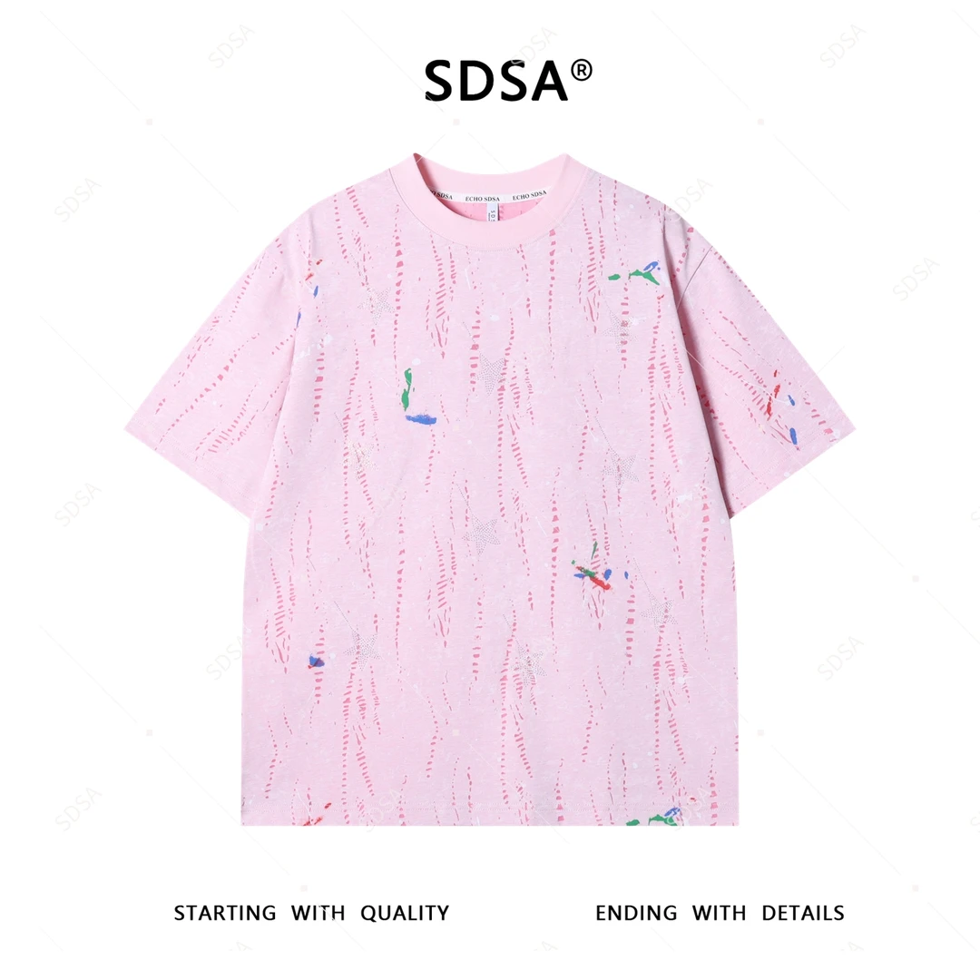 SDSA夏季新款男士痞帅潮牌割破烫钻星星设计短袖T恤时尚圆领上衣