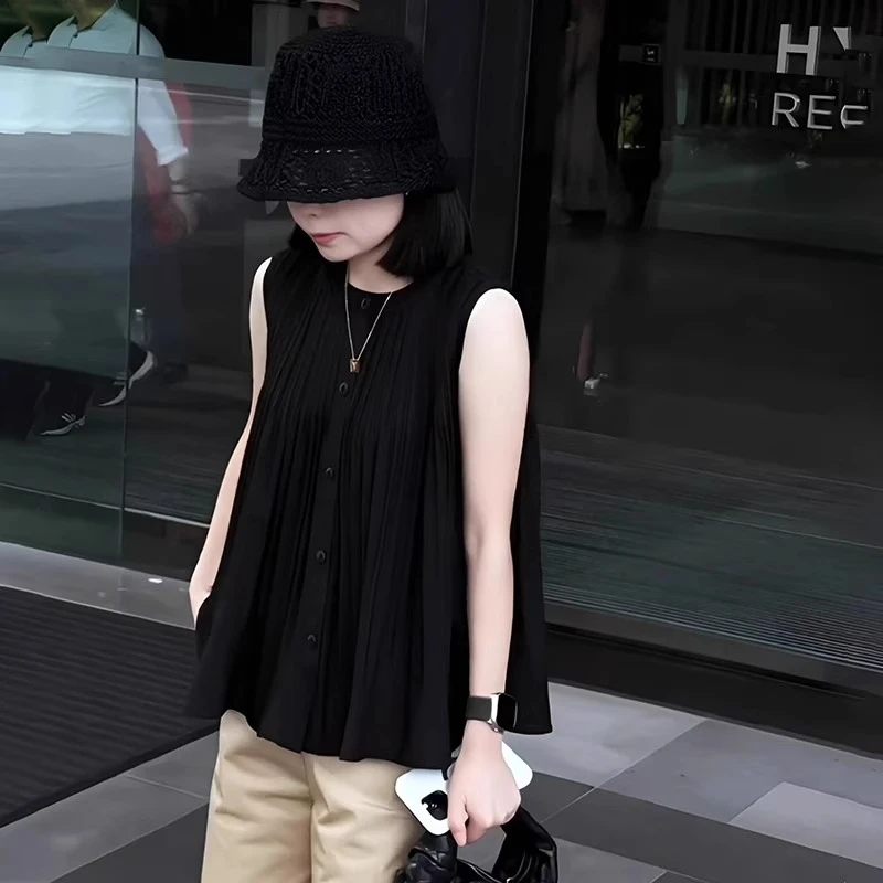 芊芊芙法式黑色褶皱无袖背心衬衫女夏季设计感宽松显瘦百搭上衣潮