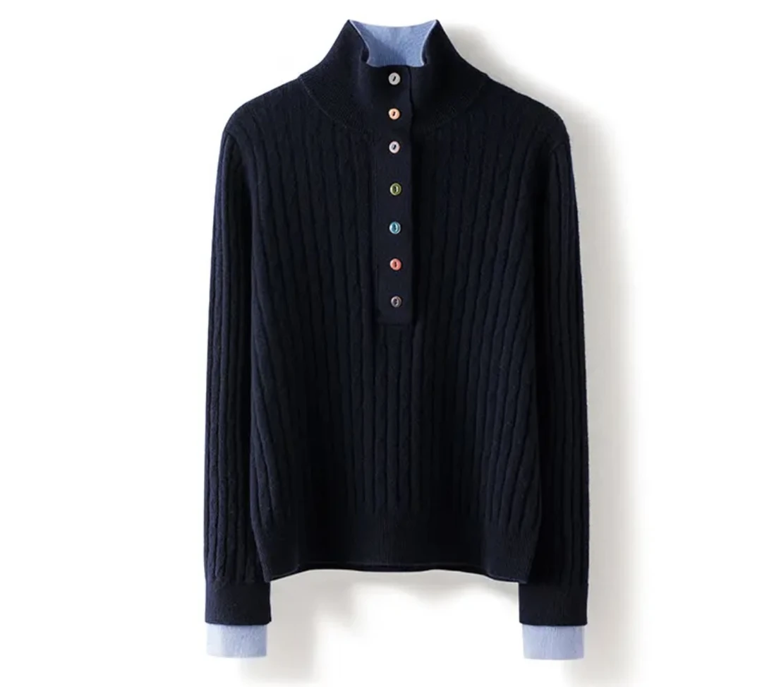 2025新款假两件立领撞色针织衫时尚休闲套头宽松显瘦毛衣女