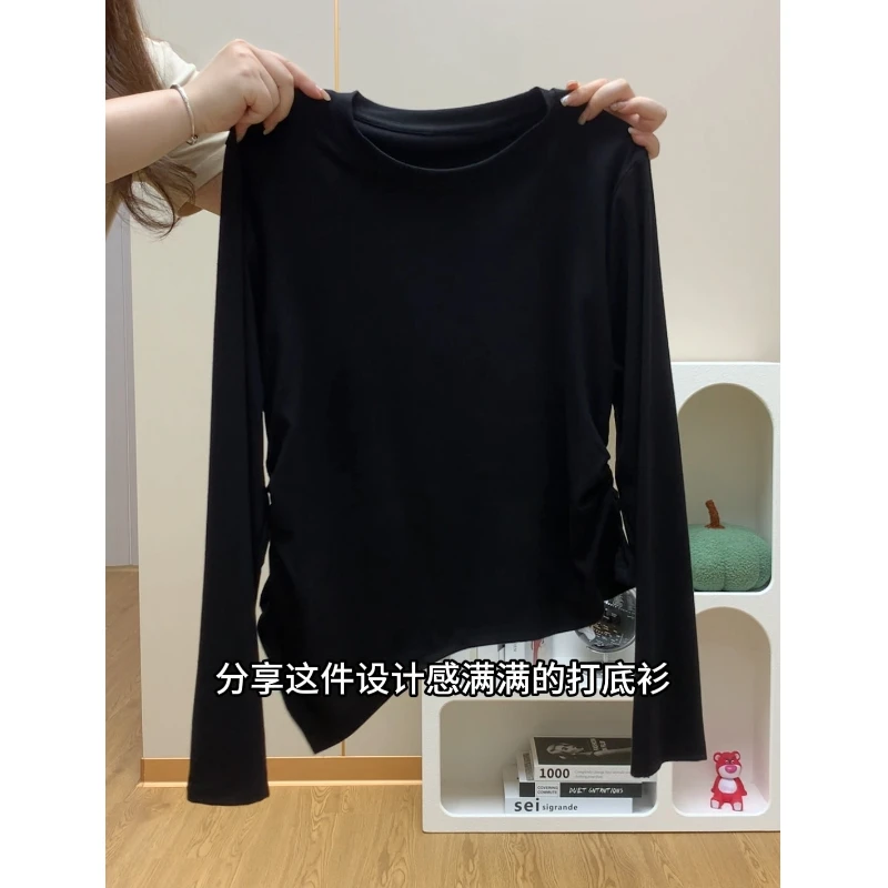 大码200斤独特不规则下摆遮肉长袖t恤女春季新款薄款显瘦打底衫潮