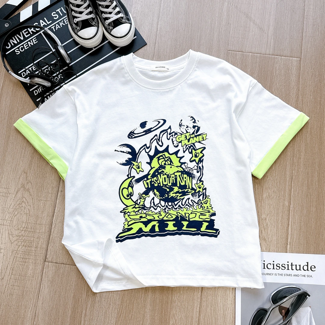 儿童夏季新款拼接无感印花短袖T恤夏装百搭圆领撞色上衣半袖25513