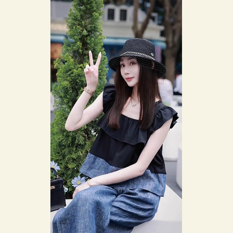 今年流行的夏季新款高级感洋气减龄时尚亚麻背心上衣阔腿裤套装女