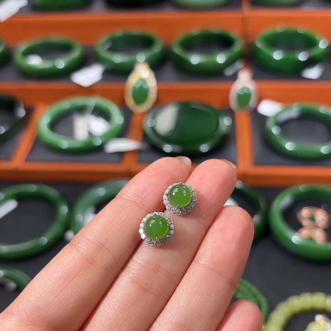 和田玉（碧玉）银S925镶嵌耳饰