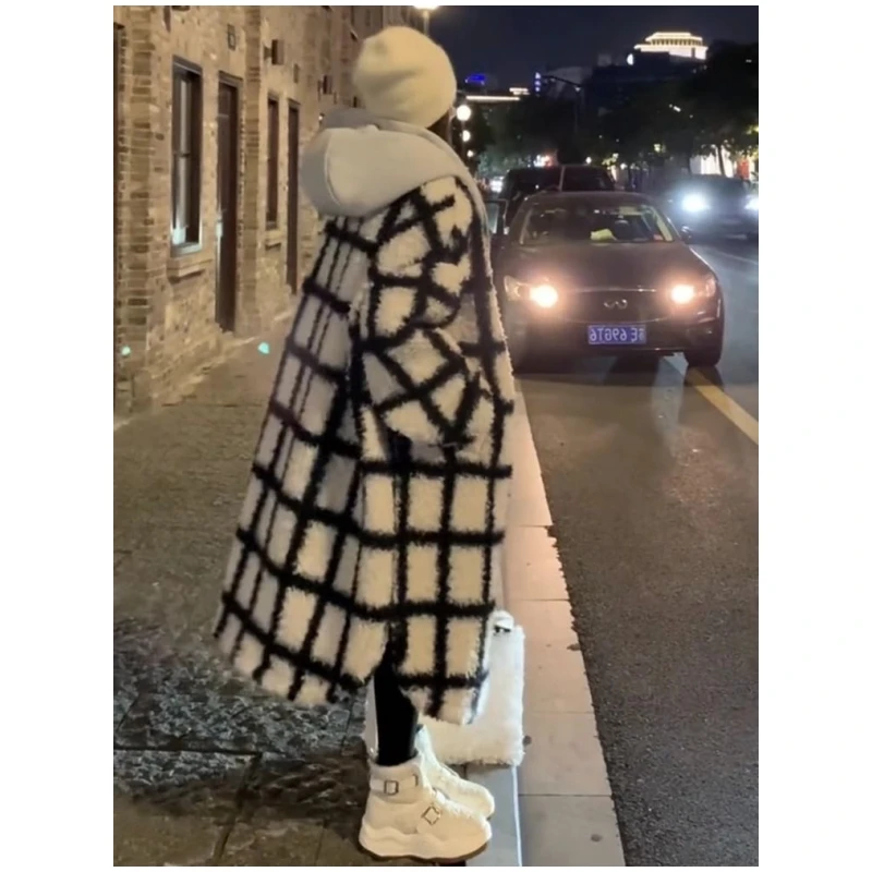 超大码300斤黑白格连帽棉服外套男女款秋冬季宽松休闲长款大衣潮