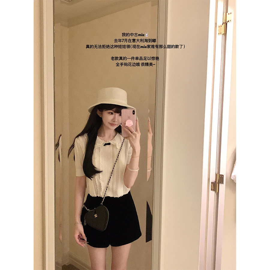 金蘑菇菇 桃乐丝 中古miu套组 / 全手钩花边top+丝绒短裤