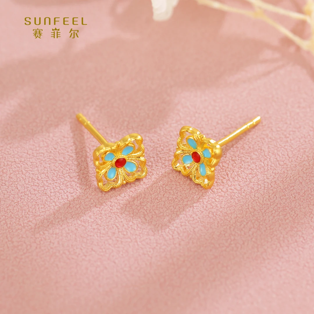 SUNFEEL/赛菲尔【优选店】足金古法金珐琅四叶草耳钉HR45010752