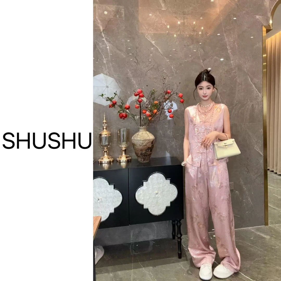 新款【粉红佳人】夏季新中式时尚气质无袖上衣套装