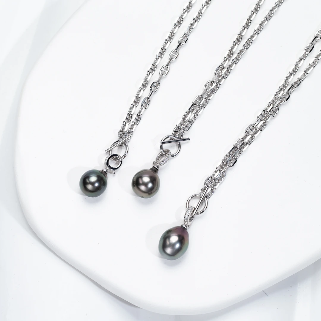 【油皮】海水珍珠大溪地巴洛克吊坠猪鼻子银链50CM（多样性发货发一）