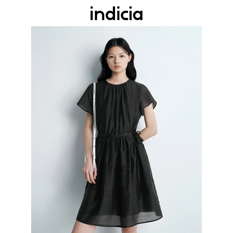 indicia标记25夏新款天丝显瘦少女风小黑裙褶皱塔克裙L2B5LQ092