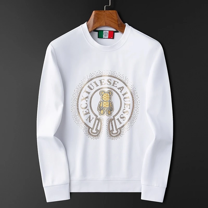 圆领休闲卫衣男士欧洲站秋季薄款烫钻长袖修身印花小熊白色t恤男