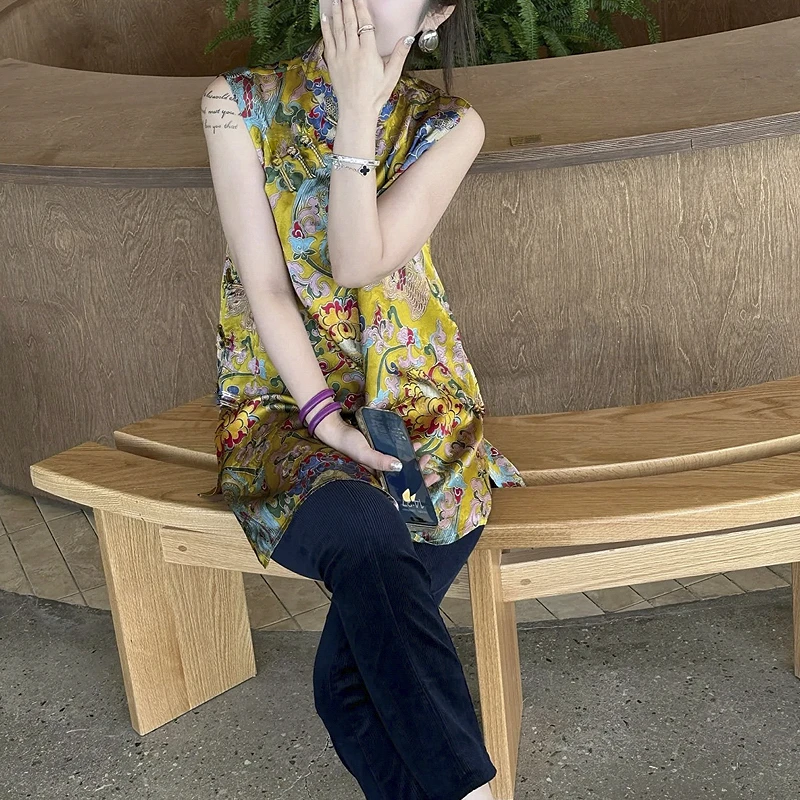 深圳南油新中式国风印花无袖上衣女----70