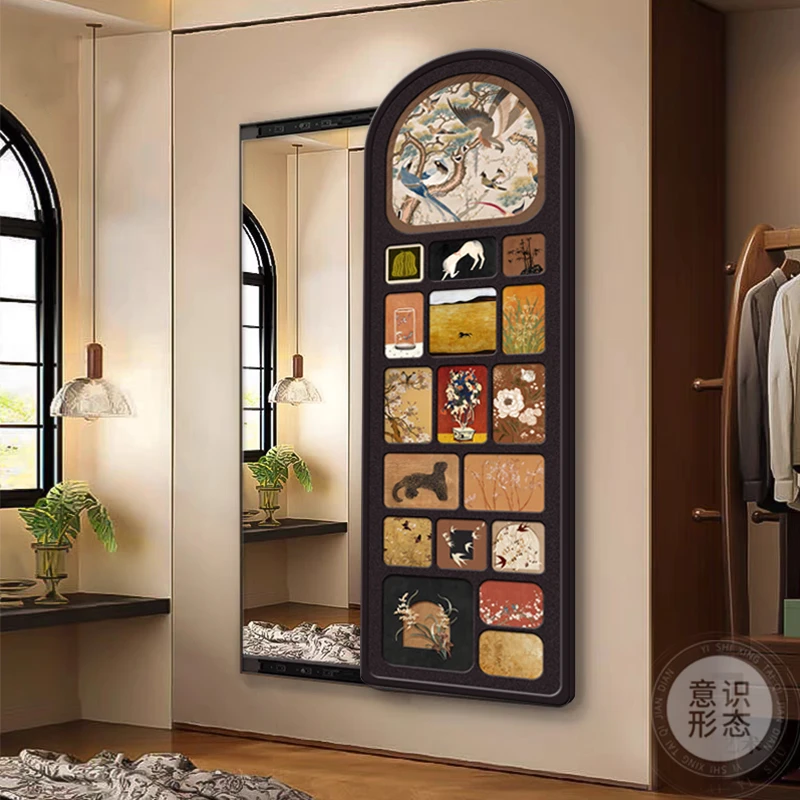 中古风可推拉全身镜装饰画高级感玄关穿衣镜衣帽间隐藏式镜子挂画