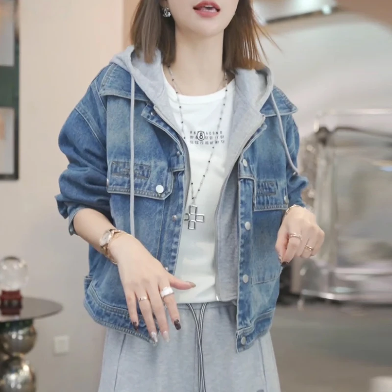 【环球游记】港风假两件连帽牛仔外套女春秋新款休闲时尚开衫上衣潮