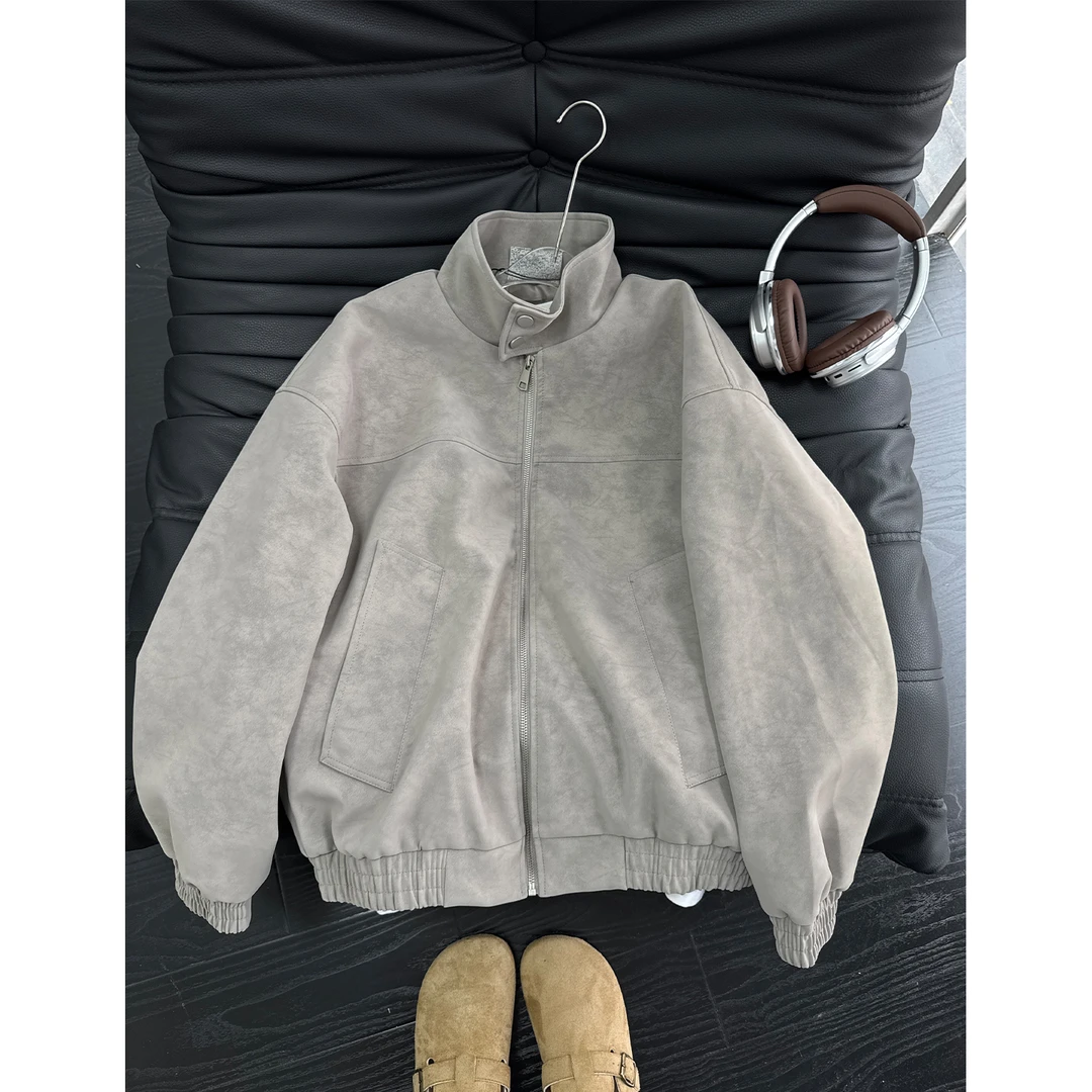 美式扎染pu皮衣短款外套男士重磅立领痞帅宽松高级感棒球服夹克