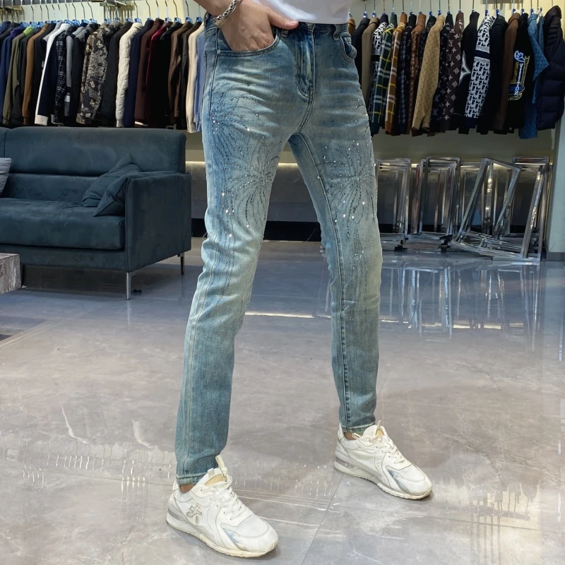 【也许家】新品秋季男士欧货修身弹力牛仔裤潮流时尚烫钻男款B91810
