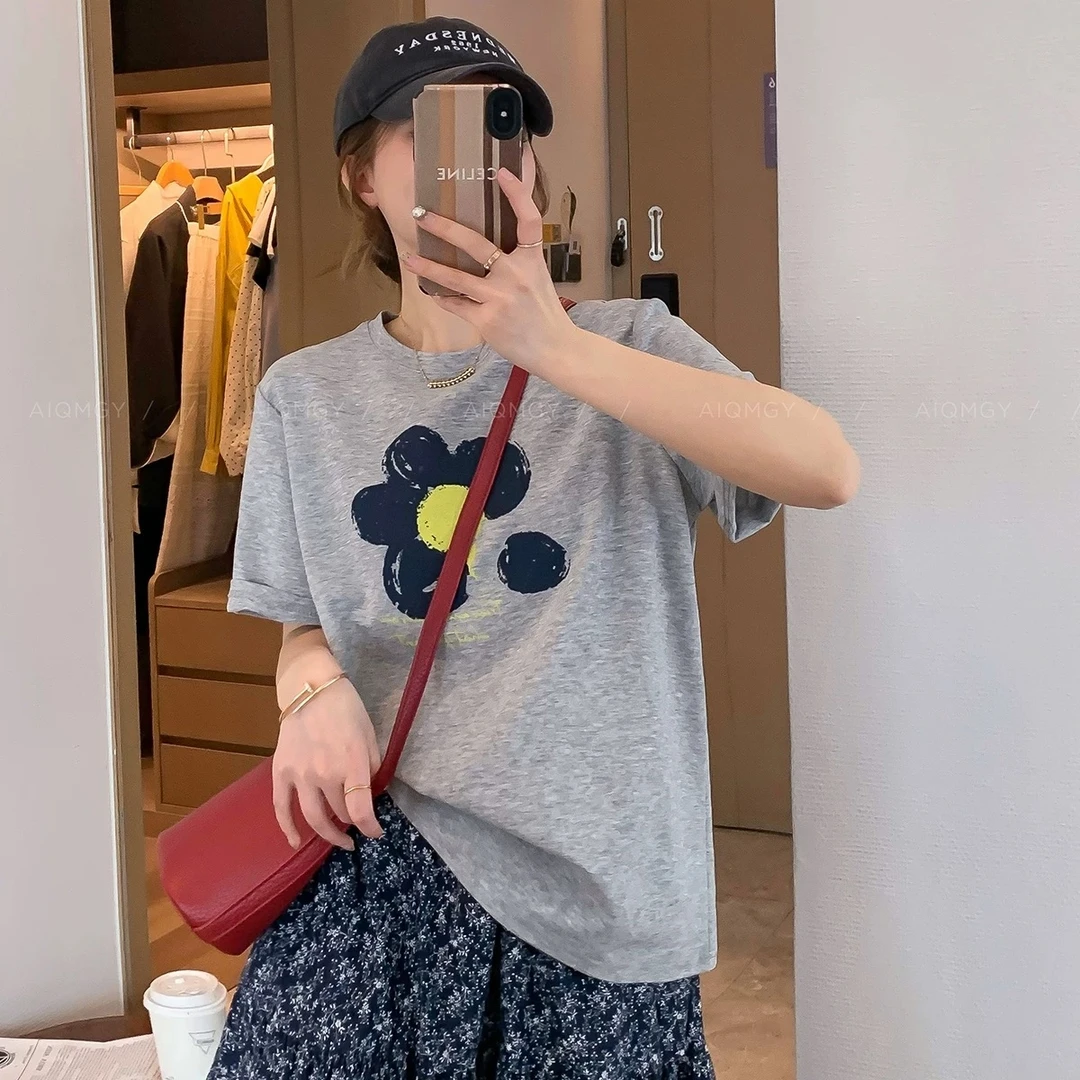 灰色圆领短袖印花T恤女2025夏季新款宽松显瘦时尚百搭半袖上衣