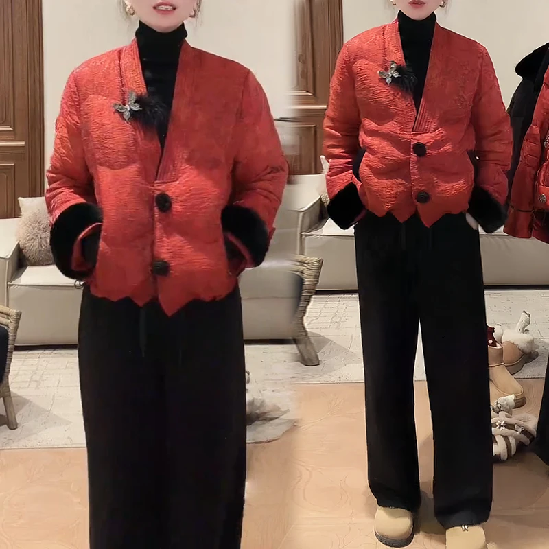 新中式复古风提花棉服休闲裤套装2025冬季新款盘扣装饰国风雅致