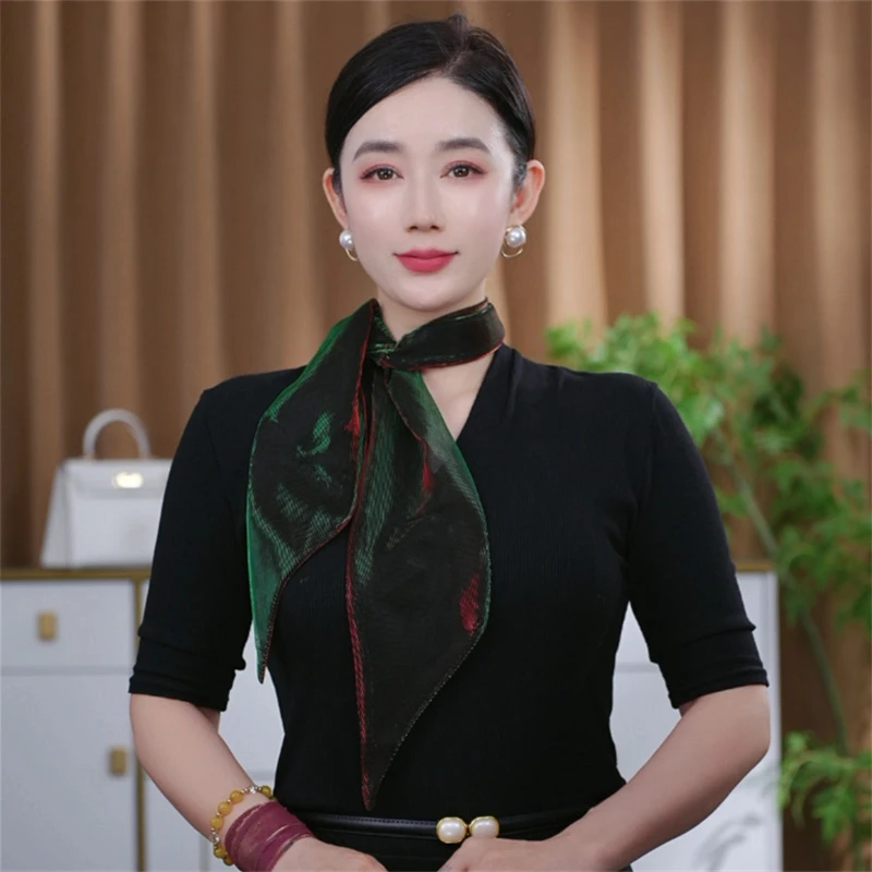 新款韩版出游拍照炫彩长条巾网红丝巾小丝巾纱巾护颈绿色ins百搭