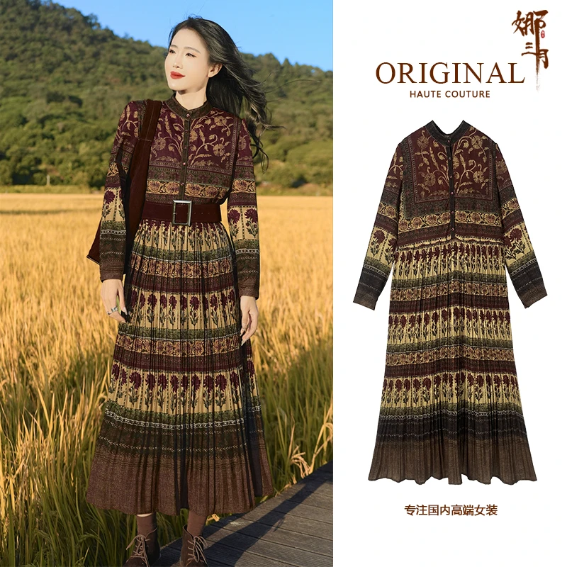 复古高端贵气秋冬季加绒加厚款连衣裙时尚雅丹风气质女装裙子9982