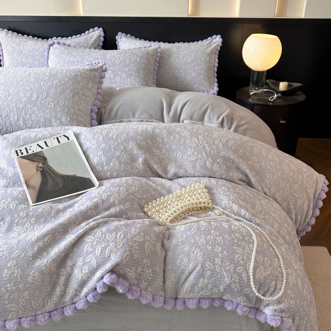 轻奢风秋冬加厚牛奶绒四件套保暖提花小毛球床单床笠秋冬四件套