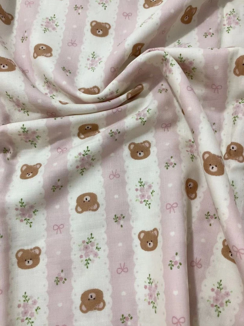 【粉条纹嘟嘟熊双层纱】全棉A类有氧双层纱纯棉布料宽幅2.5米