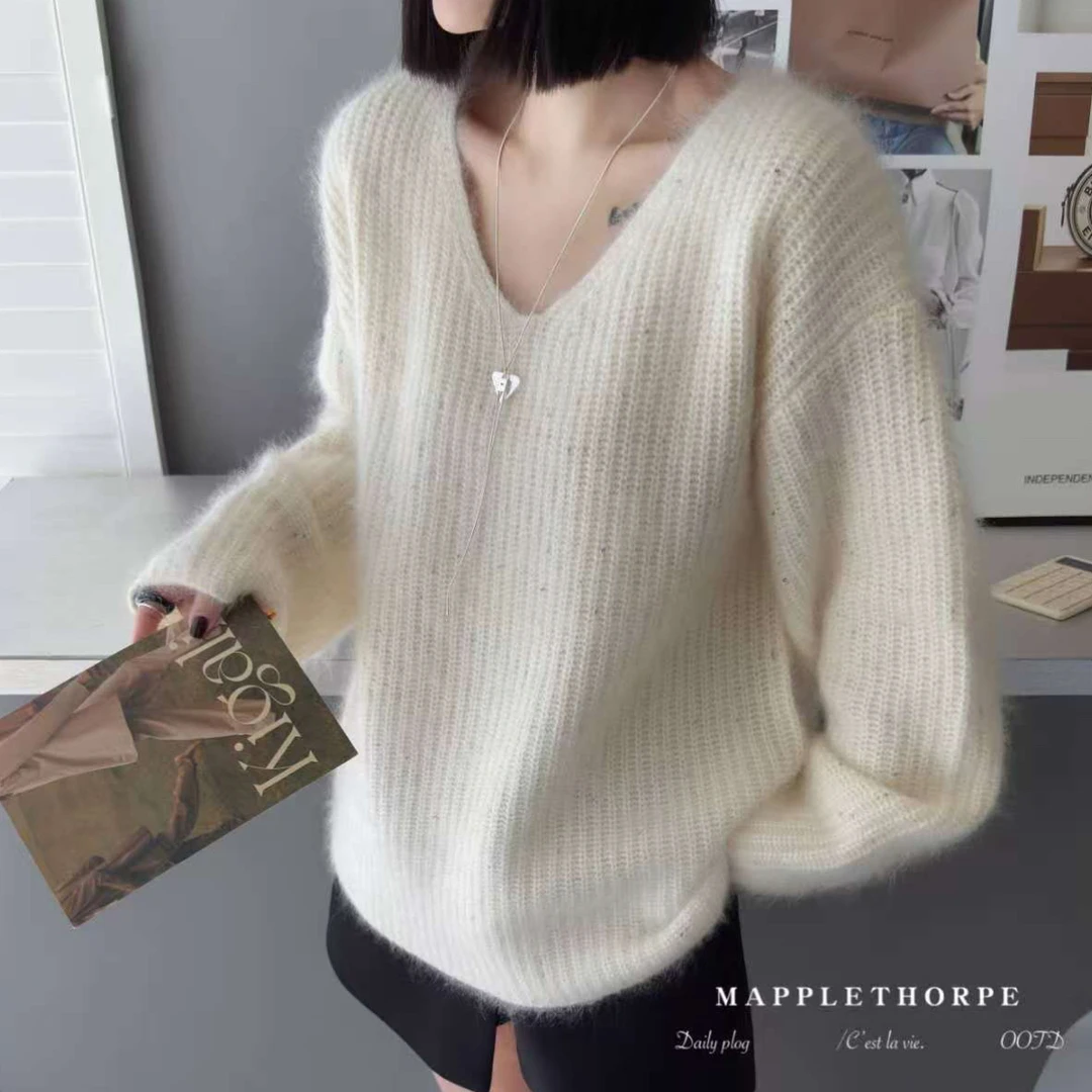 欧货重工绵羊毛+山羊绒粗针编织宽松v领套头女慵懒时尚针织毛衣
