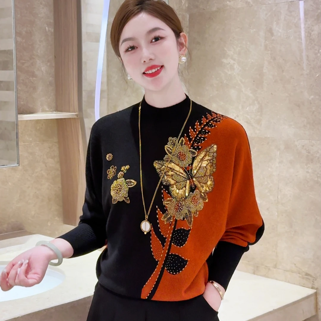 【镶嵌蝶舞】2025秋冬新款抗起球针织毛衣含绵羊毛保暖简约套头气质