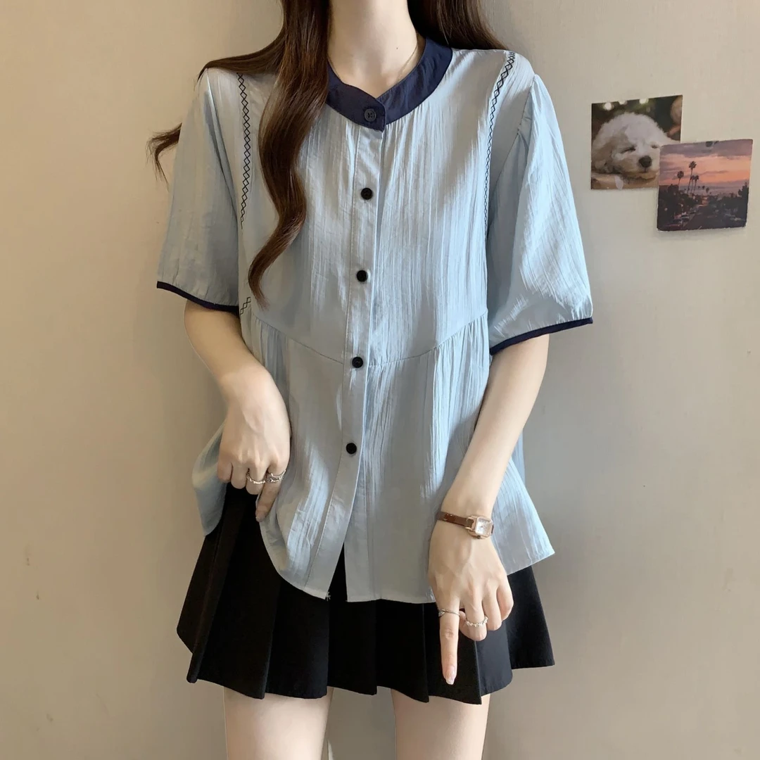 拼接撞色衬衫夏季新款韩版大码女装胖mm宽松显瘦遮肉圆领衬衣上衣