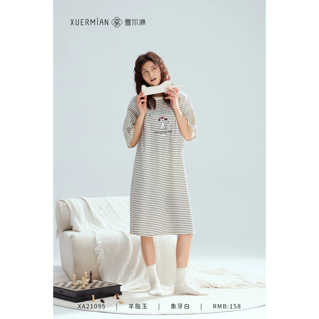 【阿亮暖心选】XA21095女士短袖长裙条纹雪尔绵家居服