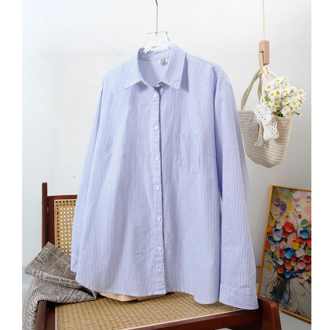 2025加宽加大女装秋季纯棉条纹衬衫胖mm宽松遮肉长袖衬衣打底重磅