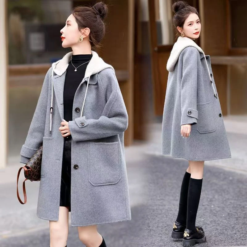 新店只亏100单有现货秋冬连帽毛呢外套女高级感呢子大衣女大码宽