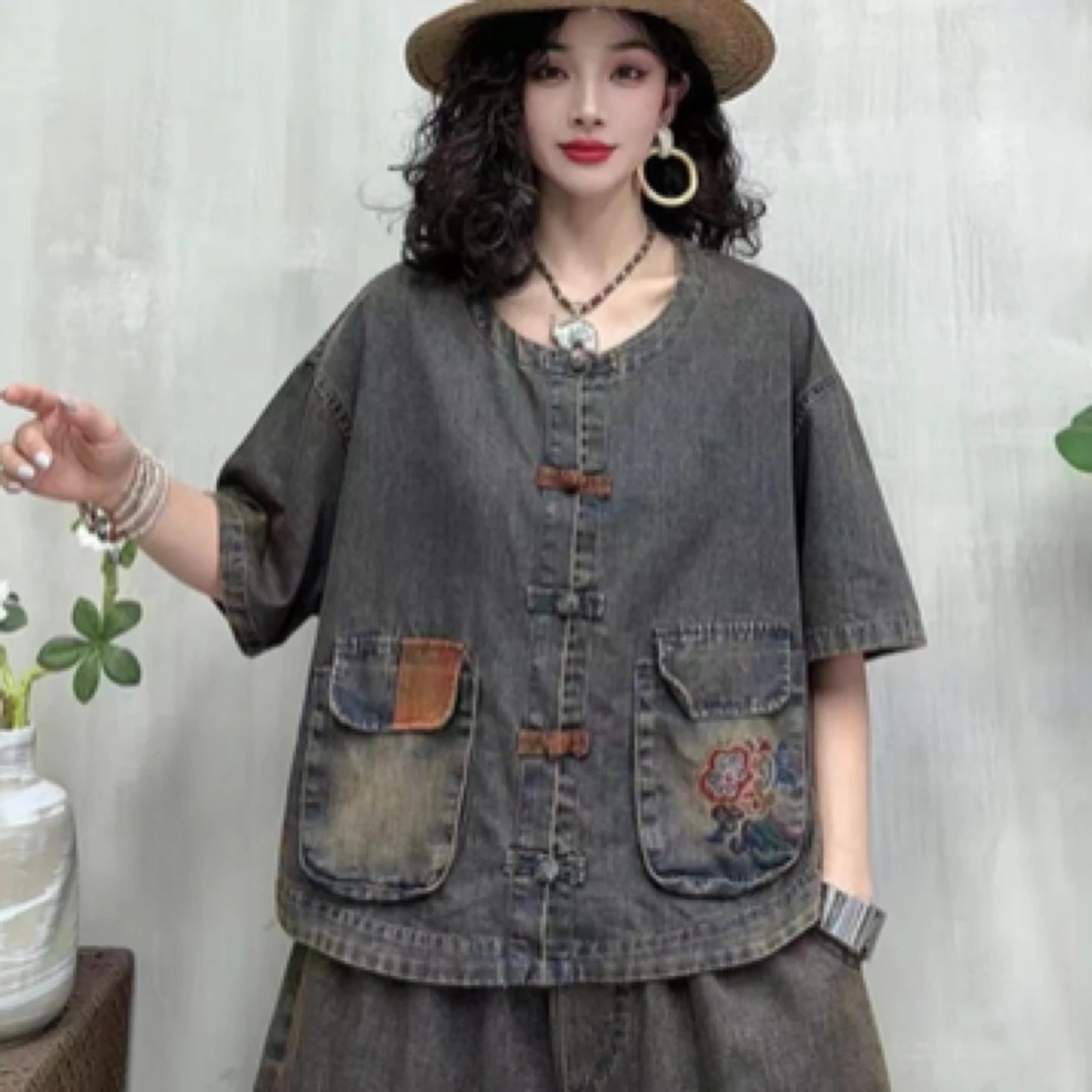 799-1夏季新款潮牌复古炒色系刺绣牛仔短袖