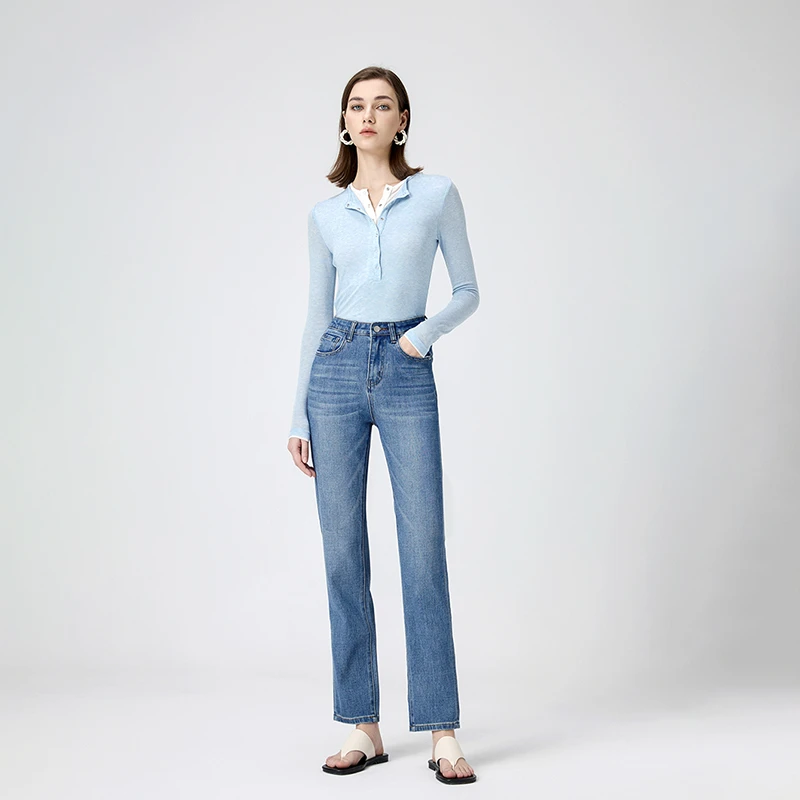 高腰四面弹设计感九分法棍牛仔裤女2025春新款修身显瘦百搭直筒裤