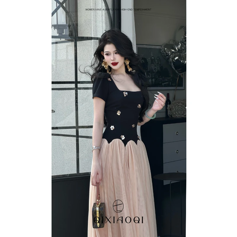 七小七Sicily【暮色古堡】法式重工方领刺绣泡泡袖短连衣裙女春夏季