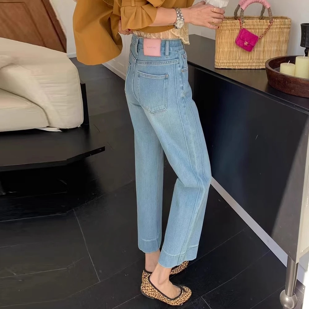 线条感浅蓝色九分直筒裤春夏新款梨型身材高腰显瘦弹力阔腿牛仔裤