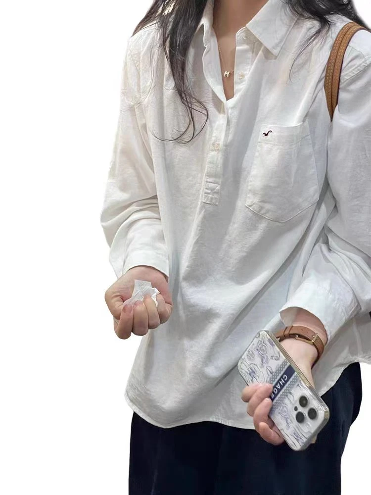 韩系白色衬衫女春夏2025年宽松休闲polo衬衣长袖套头防晒上衣外套