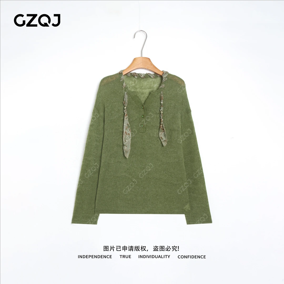 老琴私服【绿野仙踪】时尚休闲百搭丝巾拼接针织衫毛衣女秋季9794