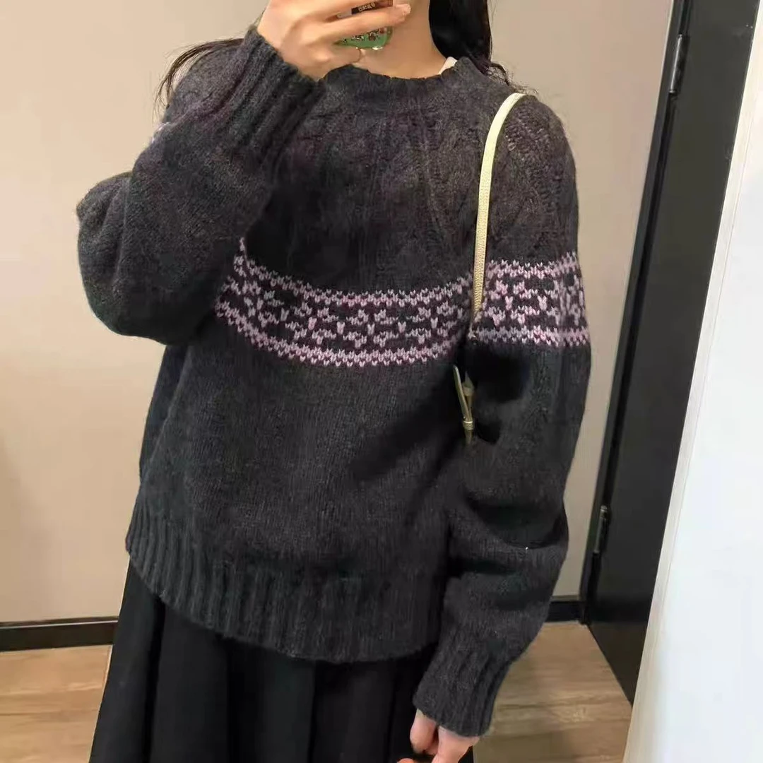 薇莎【现货】韩系复古慵懒风费尔岛提花加厚针织毛衣套头上衣