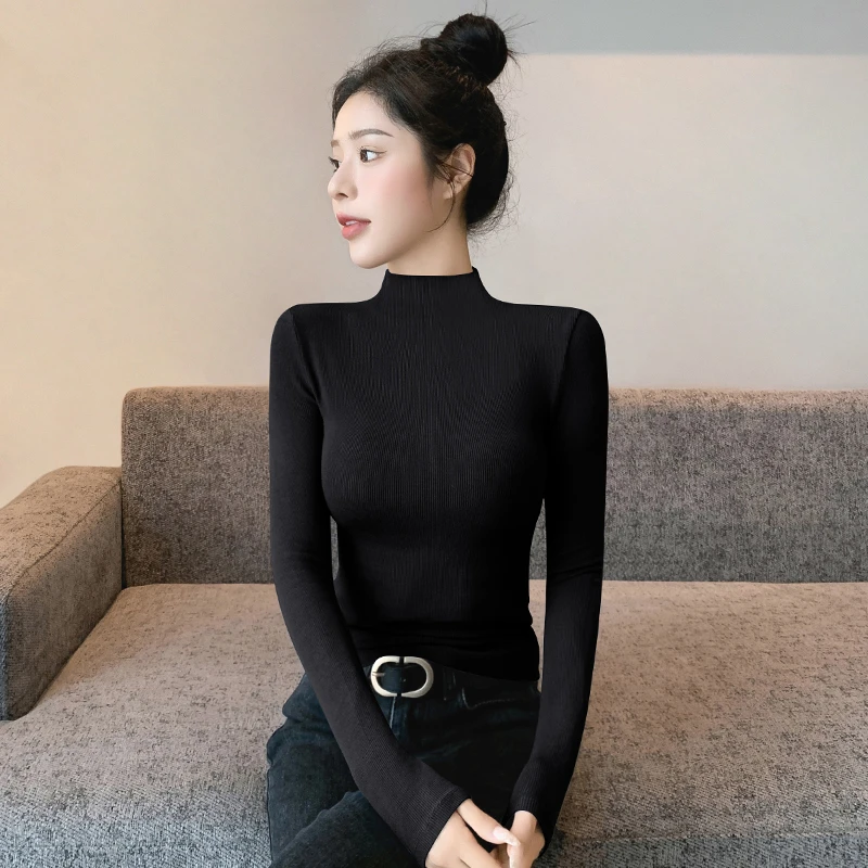 黑色半高领修身长袖t恤打底衫女内搭新款小众炸街高级感女装上衣