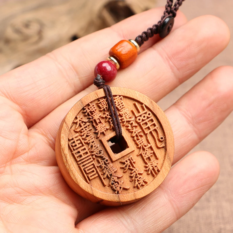 非金属木质手链 老桃木山鬼花钱平安扣项链 雕刻八卦平安扣太上