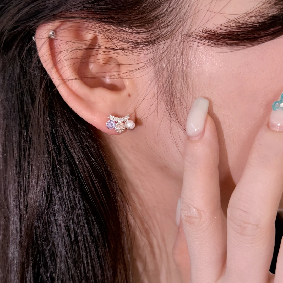 铜合金锆石耳饰 hucares「小花边」定制巨精致粉紫色耳钉日常精致