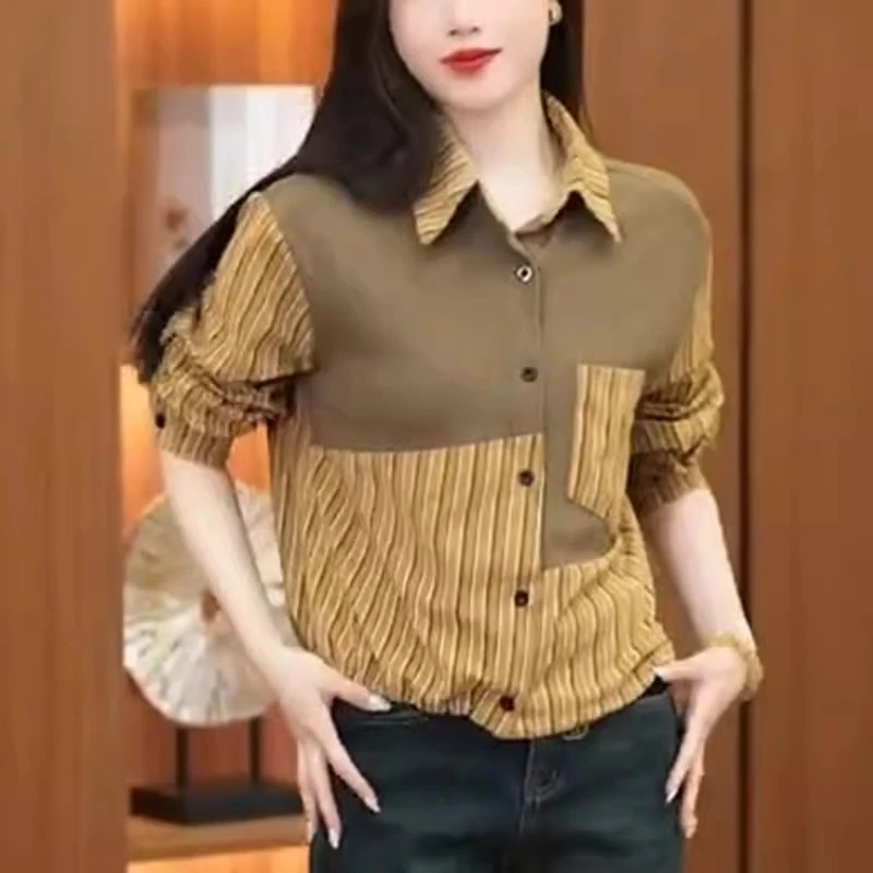 条纹拼接衬衫女2025春季时尚洋气减龄职业设计感撞色通勤休闲上衣