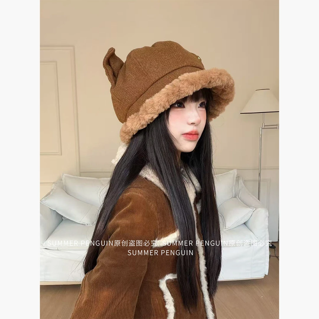 SUMMER PENGUIN日系复古猫耳朵毛绒渔夫帽女冬包头帽显脸小毛绒帽