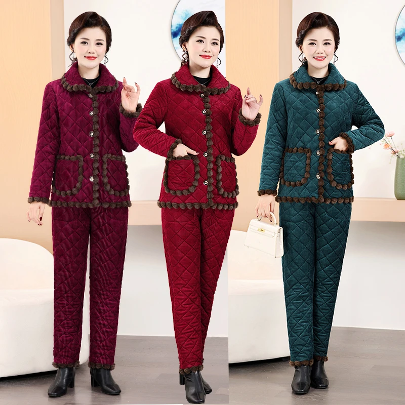 冬装家居服棉衣棉裤套装中老年妇女冬加绒加厚保暖棉袄两件套