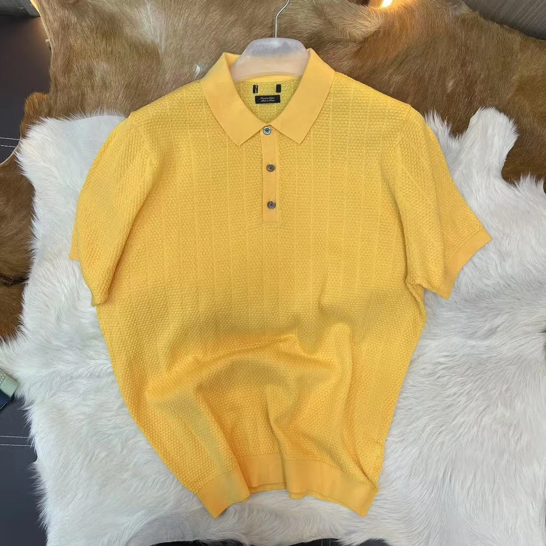 西班牙订单 菠萝织花 男士商务翻领针织短袖T恤