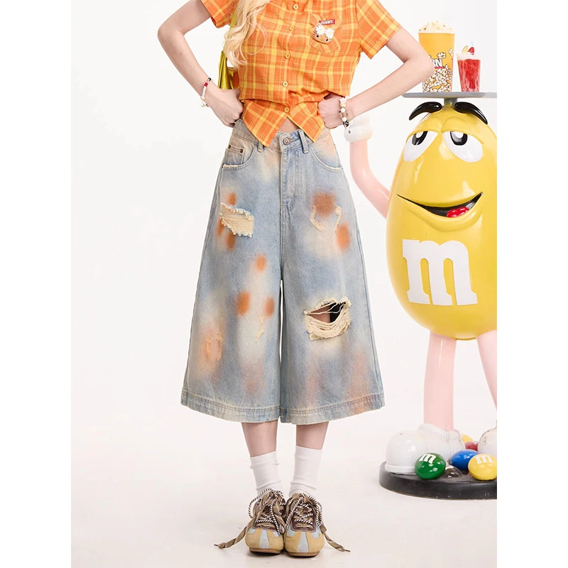 美式复古脏染破洞牛仔七分裤女夏季新款设计感慵懒阔腿小众短裤子