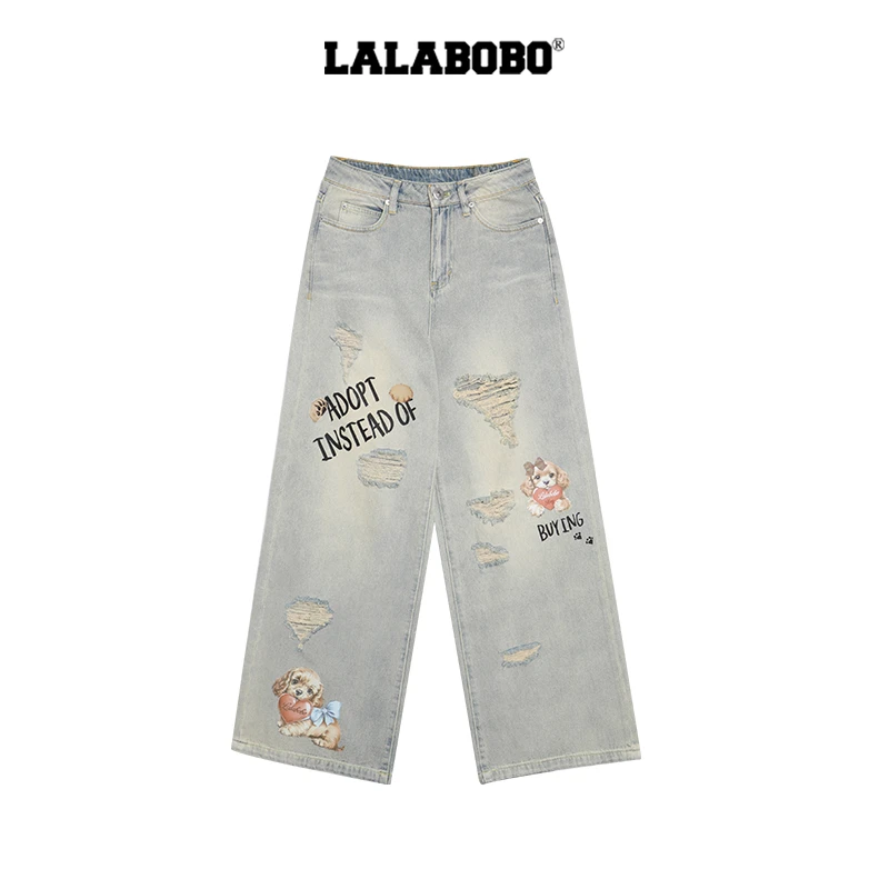 【芋总】LALABOBO25年牛仔裤夏新款女原创潮破洞直筒印花裤子LBEC-W