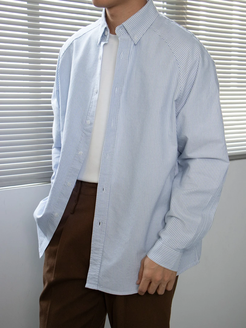 ZK【白崖燧石】纯棉牛津纺细条纹插肩袖刺绣英伦风春季宽松长袖衬衫