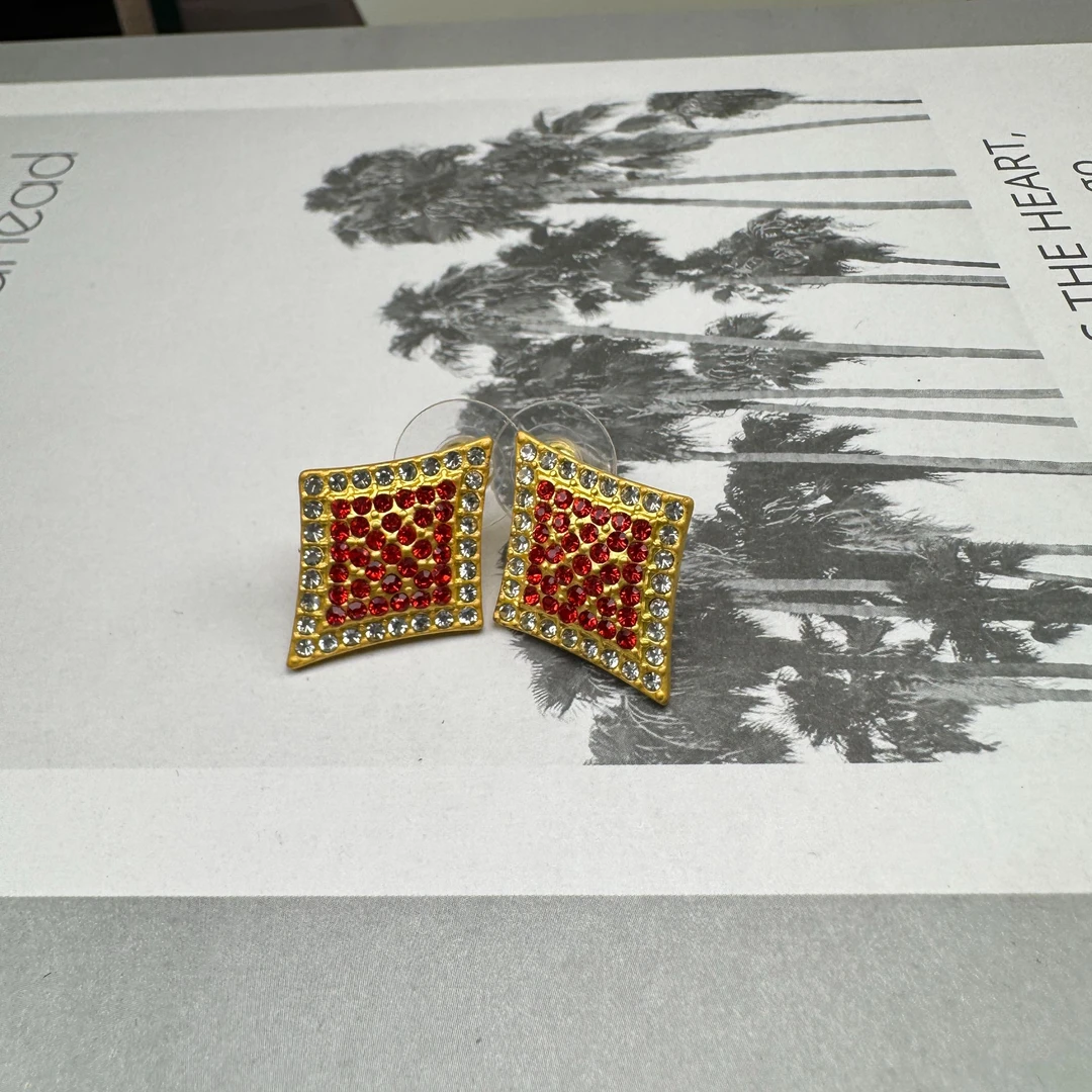 铜合金合成锆石耳饰 手工气质轻奢复古红色彩色设计师中古ed3062